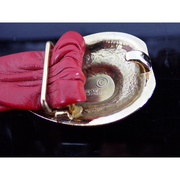 Cherry Red Wide Leather Belt Silver Buckle Medium 31" length 2" wide VTG Revcor - Picture 7 of 10